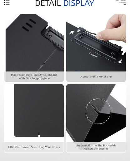 Free Standing Clipboard and Desktop Stand with Adjustable Buckles Easel Back - Foldable Stand and Document Holder for School, Office and Business Use (9.37 x 12.6 inches) (Black)