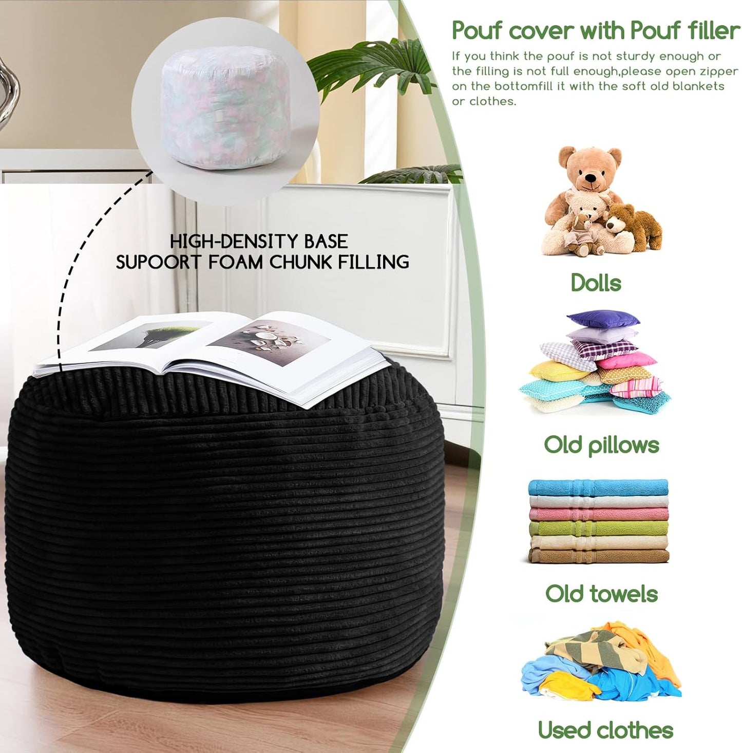 HIGOGOGO Round Stuffed Pouf Ottoman, Corduroy Poufs with Foam Chunk Filling, Furry and Fluffy Pouf Foot Stool Storage Ottoman, 20 X 15 Floor Poufs Foot Rest for Living Room, Dark Grey