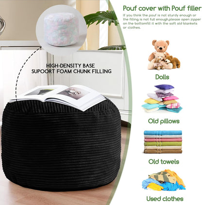 HIGOGOGO Round Stuffed Pouf Ottoman, Corduroy Poufs with Foam Chunk Filling, Furry and Fluffy Pouf Foot Stool Storage Ottoman, 20 X 15 Floor Poufs Foot Rest for Living Room, Dark Grey