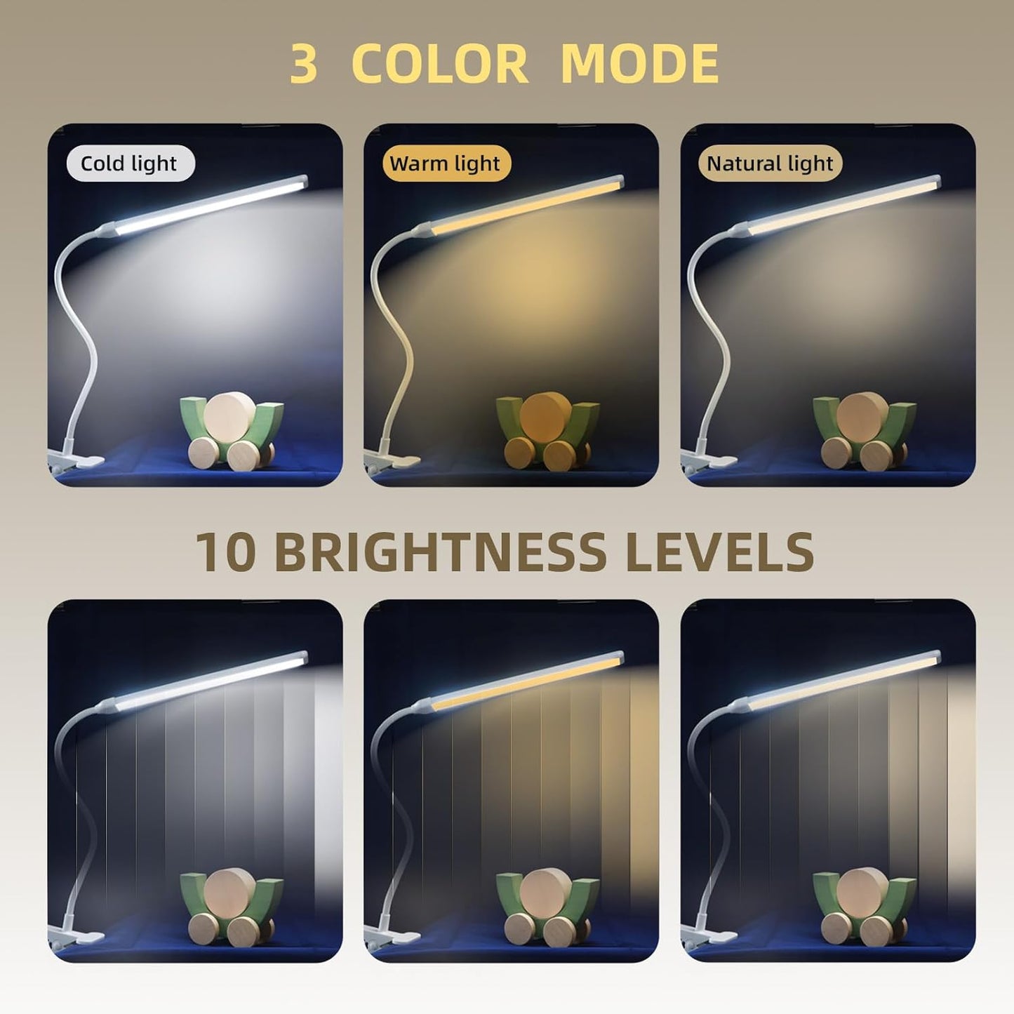 Clip on Desk Lamp with Long Flexible Arm, 3 Color Modes & 10 Dimmable Brightness LED Task Light, USB Powered for Home Office, Sewing, Study, Craft, Easel