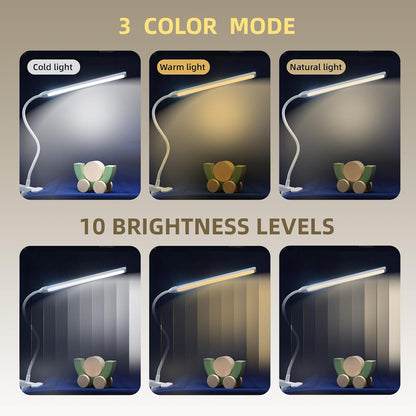 Clip on Desk Lamp with Long Flexible Arm, 3 Color Modes & 10 Dimmable Brightness LED Task Light, USB Powered for Home Office, Sewing, Study, Craft, Easel