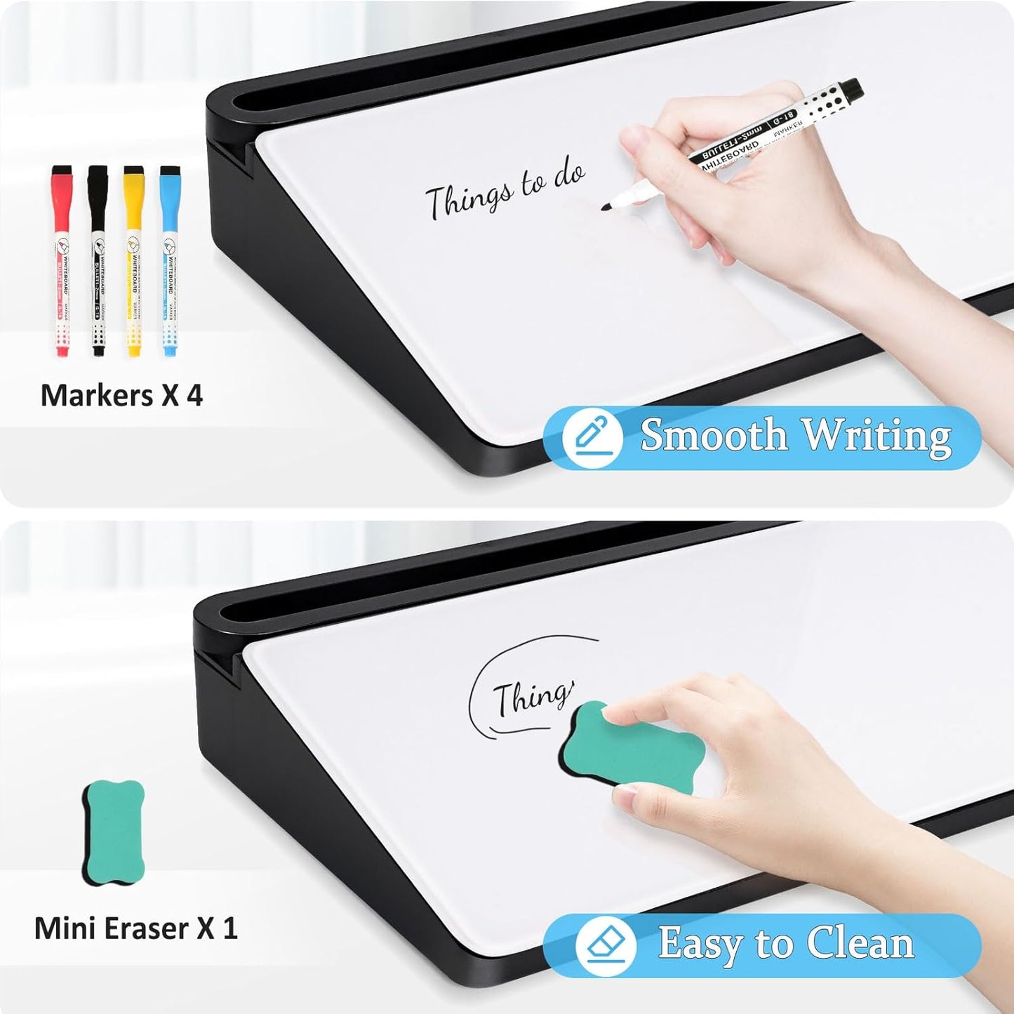 DOLLAR BOSS Glass Desk Whiteboard Calendar Small Dry Erase Board Desktop White Board with Storage Drawer Computer Keyboard Stand Desk Organizer, Colorful Weekly Calendar, Black