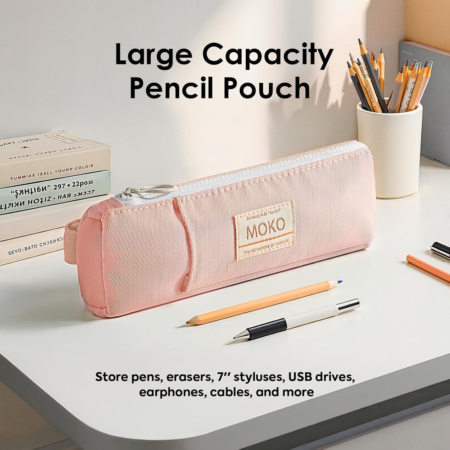 MoKo Pen Holder for Notebook, Pencil Pouch with Adjustable Elastic Band, Slim Portable Zipper Pen Pouch Holder for Planners, Journals, Book, Pink