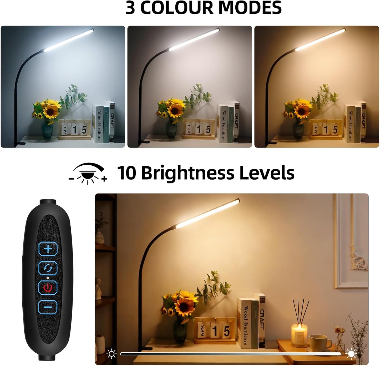 Akynite LED Desk Lamp with Clamp Clip on Reading Light Dimmable USB Small Clamp Lamp with 3 Color Modes 10 Brightness, Adjustable Flexible Gooseneck Workbench Light for Bed Headboard, Nail, Computer