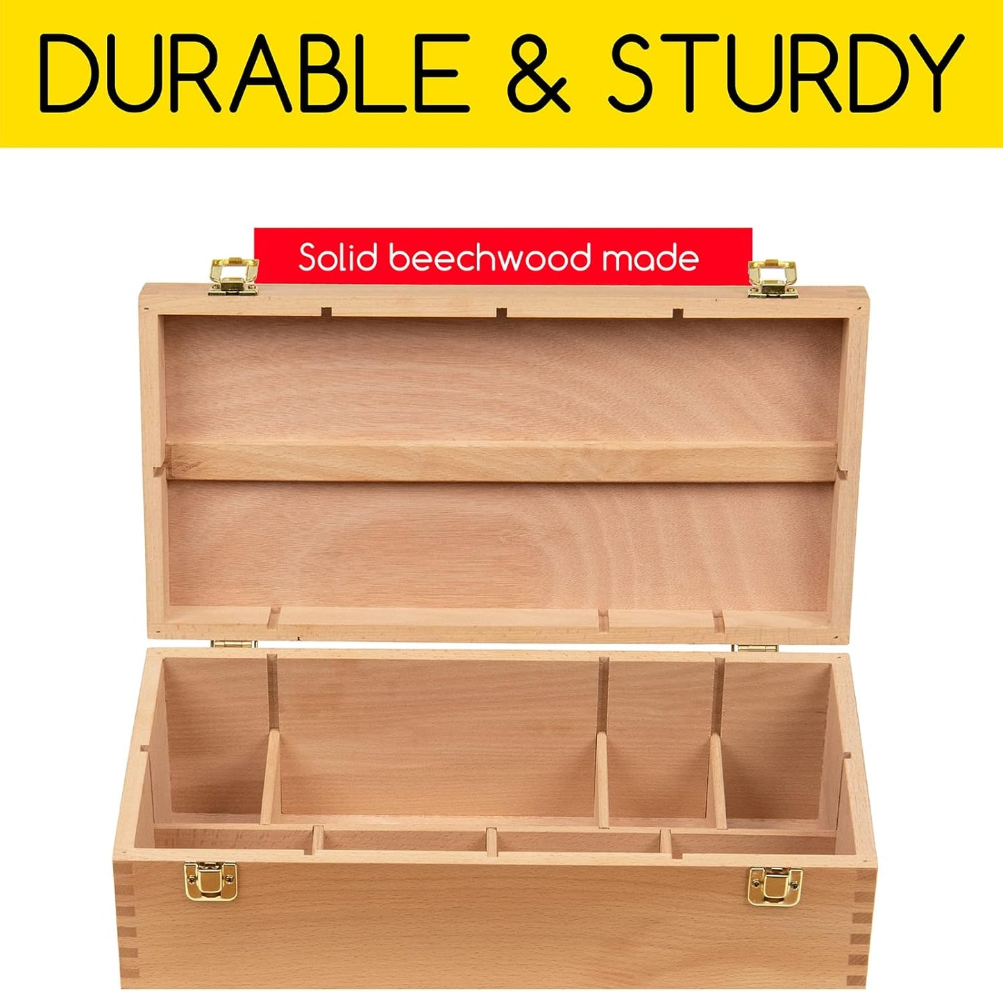 MEEDEN Medium Art Supply Storage Box - Multi-Function Solid Beech Wooden Chest/Art Tool Box with Lift Out Trays for Paint Brush, Pencil, Pastel, and More Art Supplies 14-1/5"W × 5-1/8"D × 4-1/3"H