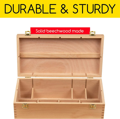 MEEDEN Medium Art Supply Storage Box - Multi-Function Solid Beech Wooden Chest/Art Tool Box with Lift Out Trays for Paint Brush, Pencil, Pastel, and More Art Supplies 14-1/5"W × 5-1/8"D × 4-1/3"H