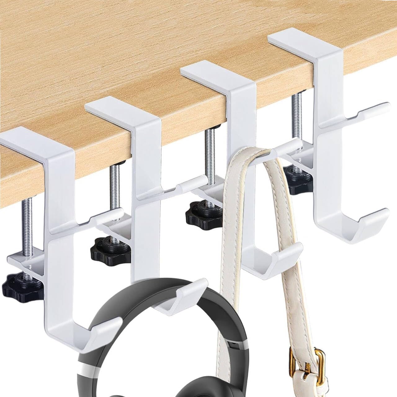 2Pcs Clamp-On Under Desk Headphone Holder Backpack Hook Students' Desk Hook with Adjustable Arm Clamp Women's Bag Handbag and Purse Holder - Suitable for Plate Between 1-5cm / 0.4-1.96” - Black
