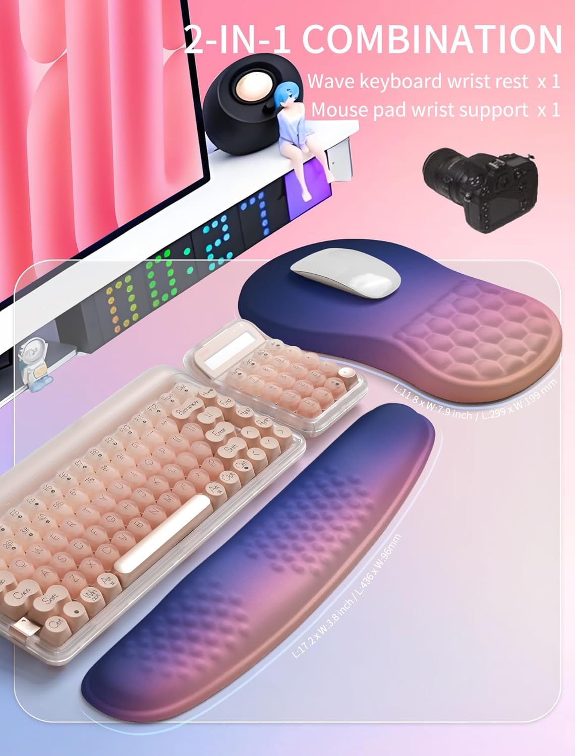 Hokafenle 2in1 Combination, Wave Keyboard Wrist Rest and Ergonomic Curvature Mouse Pad Wrist Support for Relieve Wrist Pain, Filled with Soft Cushion Memory Foam, Black