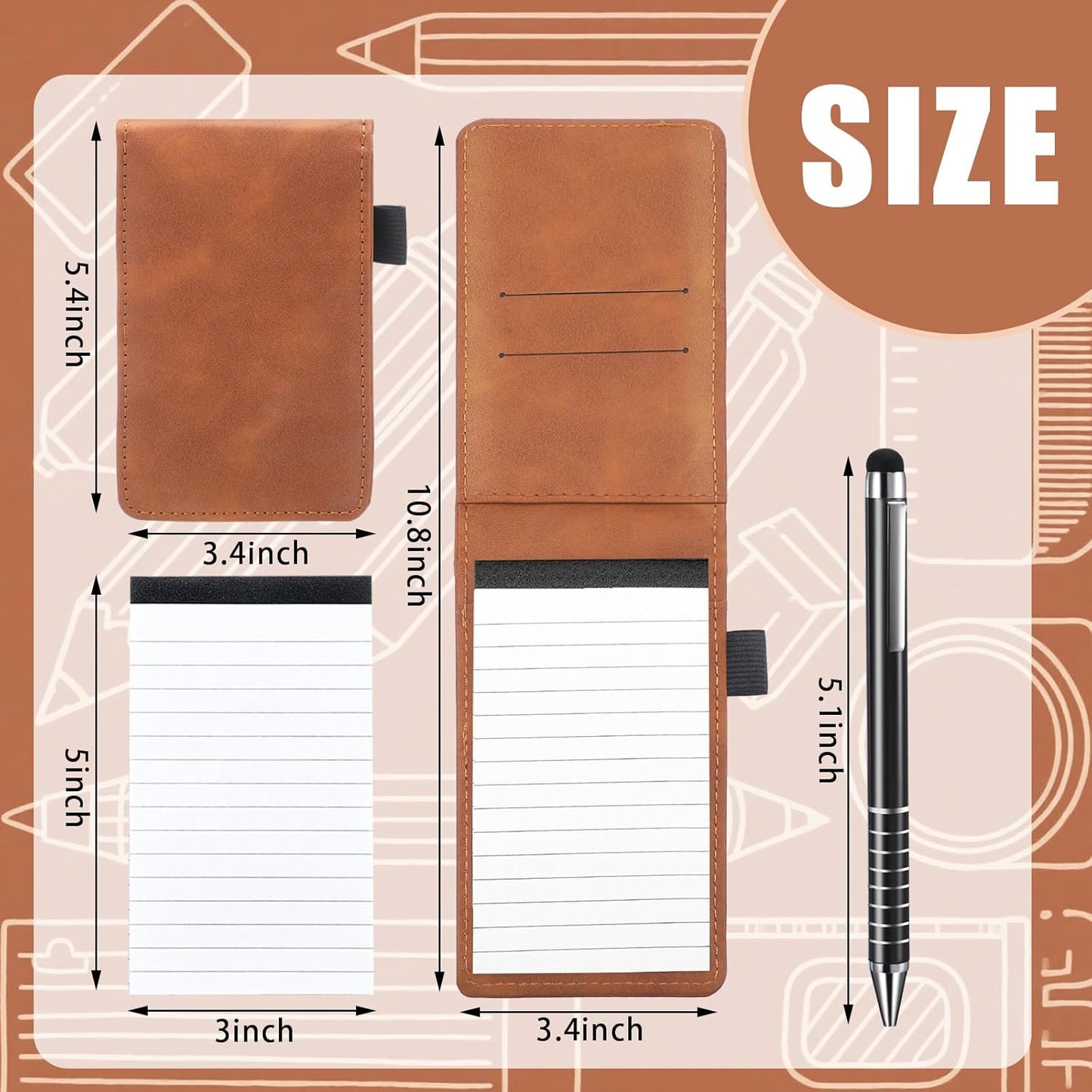 Outus 10 Pcs Mini Pocket Notepad Holder Set Included Small Leather Pocket Notebook Holder with 50 Lined Sheets, Metal Pen, 8 Pcs 3 x 5 Inch Memo Book Refills, 30 Lined Paper Per Note Pad (Black)