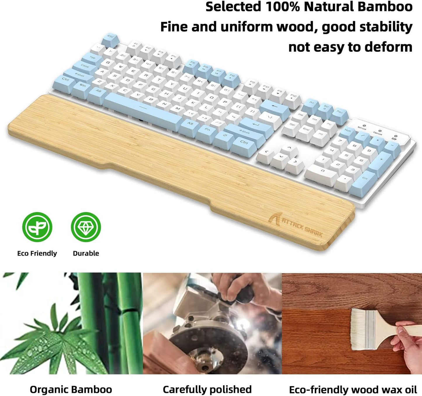 ATTACK SHARK Bamboo Wrist Rest for Computer Keyboard，Ergonomic Hard Palm Rest for Comfortable Typing Pain Relief，Anti-Slip Wrist Support for Office, Gaming, Laptop (98 Key)