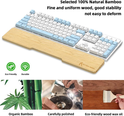 ATTACK SHARK Bamboo Wrist Rest for Computer Keyboard，Ergonomic Hard Palm Rest for Comfortable Typing Pain Relief，Anti-Slip Wrist Support for Office, Gaming, Laptop (98 Key)
