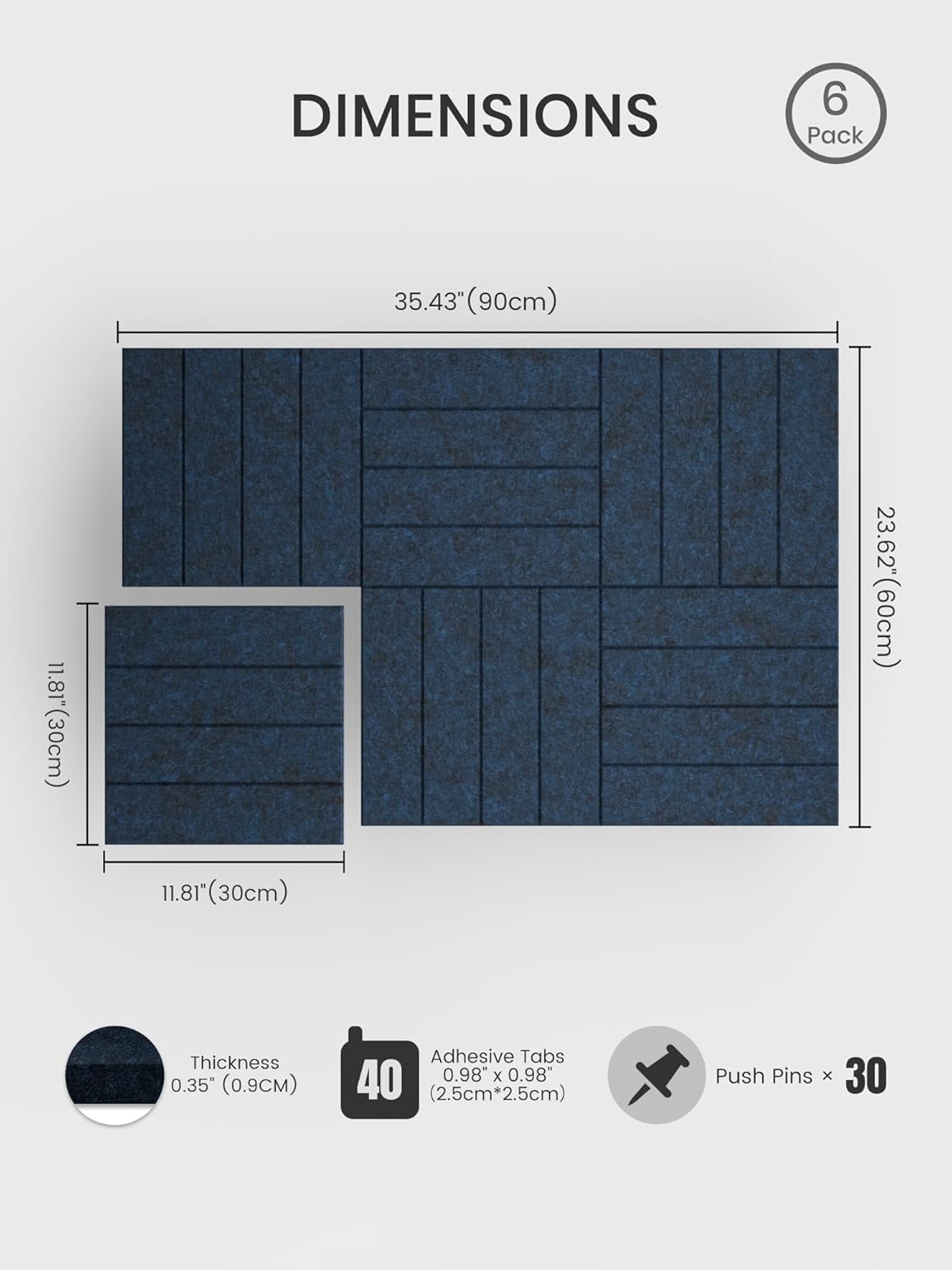 Bumusty Large Cork Board Alternative-48 x 36" Felt Bulletin Board Tiles, with 30 Pushpins, 70 Adhesive Tabs, Bold-Stripe 12-Pack, Cork Boards for Office Push Pin Board Felt Board-Carbon Blue