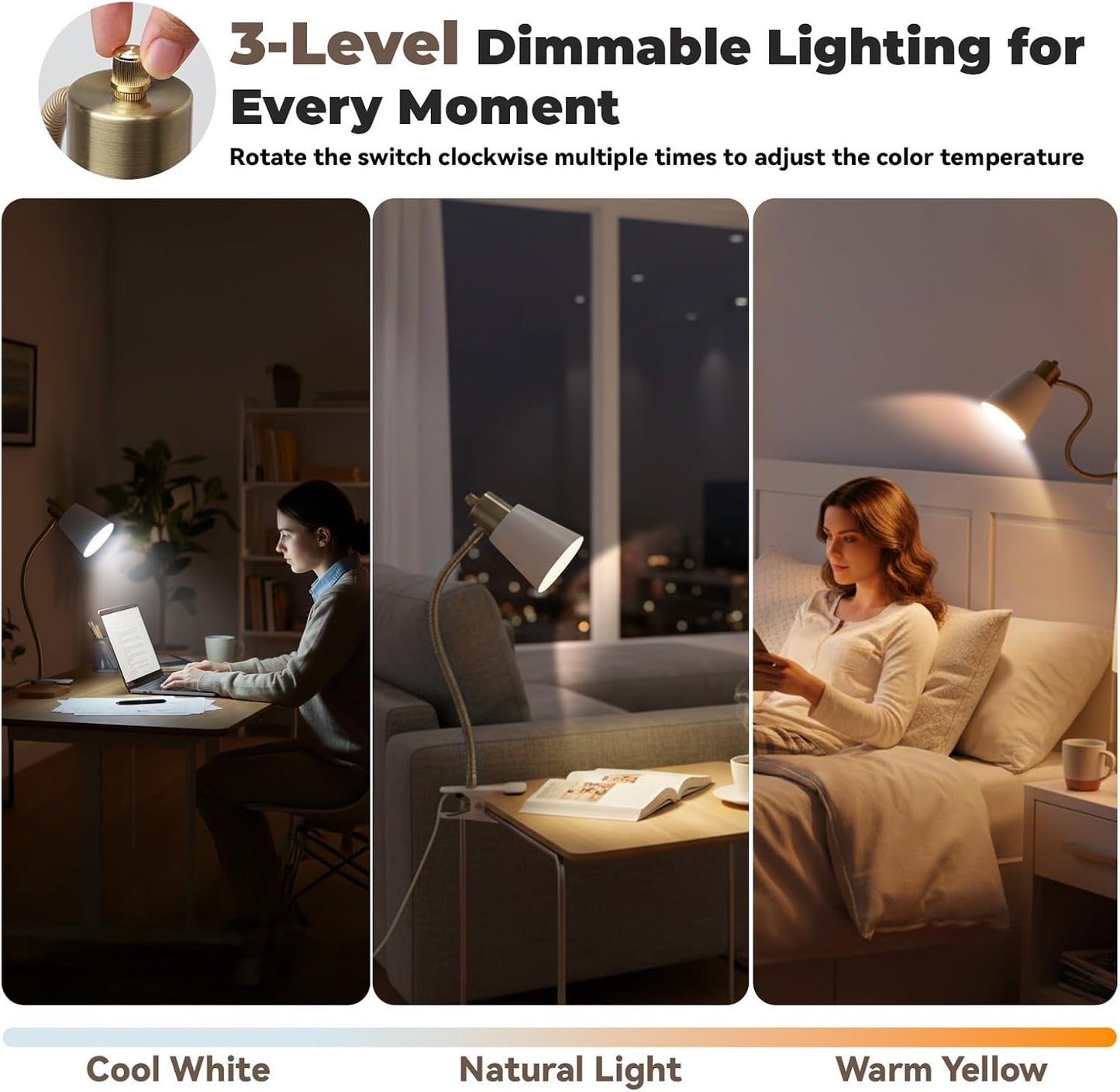 Desk lamp Eye-Caring Table Lamps, 360°Rotation Gooseneck Clip on Lamp Reading Light Portable Reading Book Light Clamp Study Desk Lamps for Bedroom and Office Home Lighting (Black)