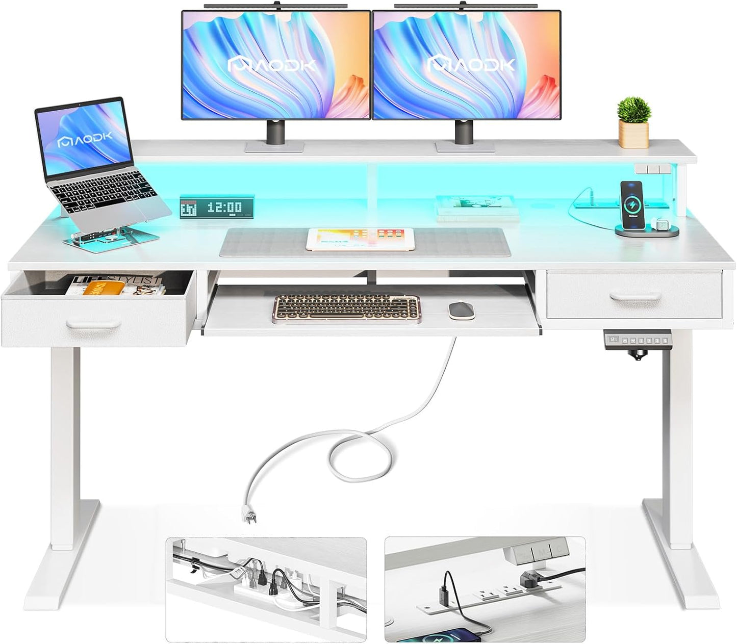 AODK Electric Standing Desk with Drawers & Keyboard Tray, 55 Inch Height Adjustable Gaming Desk with Power Outlets & LED Lights, Sit Stand Table with Monitor Stand for Home, Office, Rustic Brown