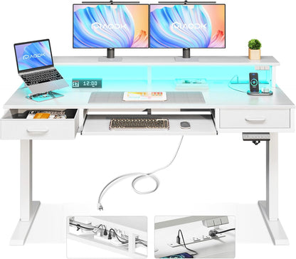 AODK Electric Standing Desk with Drawers & Keyboard Tray, 55 Inch Height Adjustable Gaming Desk with Power Outlets & LED Lights, Sit Stand Table with Monitor Stand for Home, Office, Rustic Brown