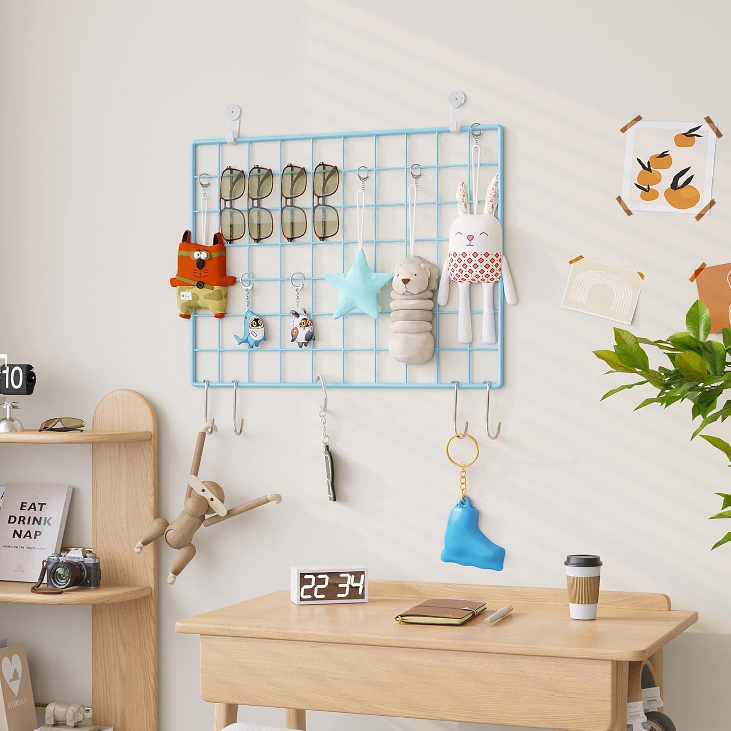 C&AHOME Photo Wall Display Set of 2, Grid Panel with Hooks, Clips, Hemp Cord, Hammer - 15.7" x 11.8", White UWWGM3402W