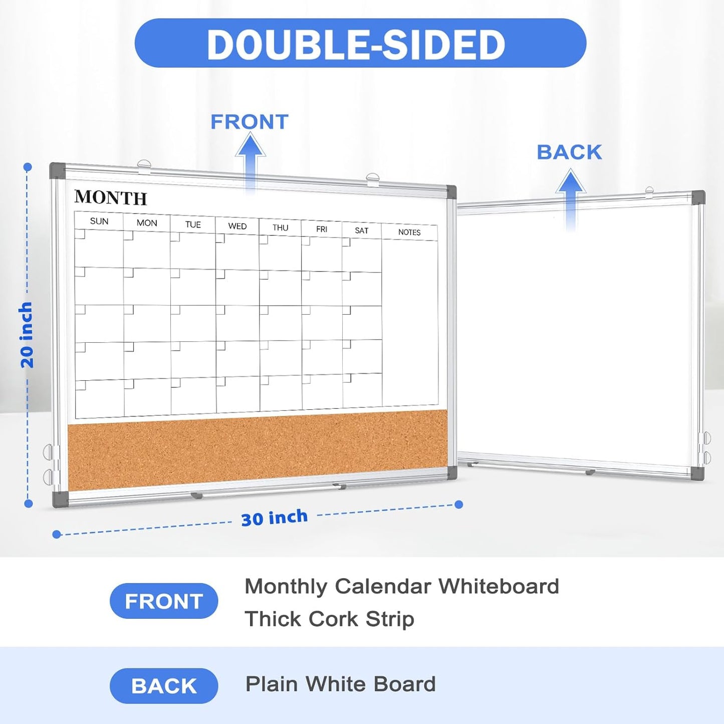 Weekly Dry Erase Calendar Whiteboard for Wall, 24" x 18" Double-Sided Weekly Planner White Board Cork Combo, Hanging & Wall Mount Week Bulletin Board with Notes for Home, Office, School, Kitchen