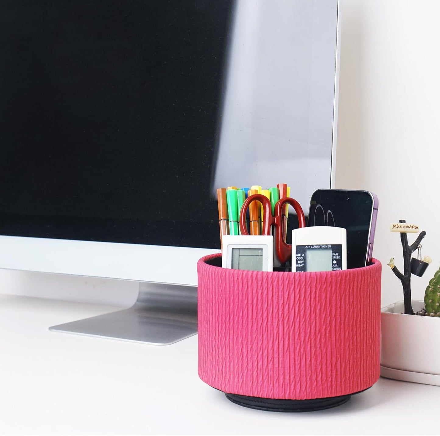 Round Leather Art Supply Organizer,Remote Control Holder,360 Degree Rotating,Multi-Functional Pencil Holder,4 Compartments Desktop Stationary Organizer(1-Fractal Flower) | Round - Colors C