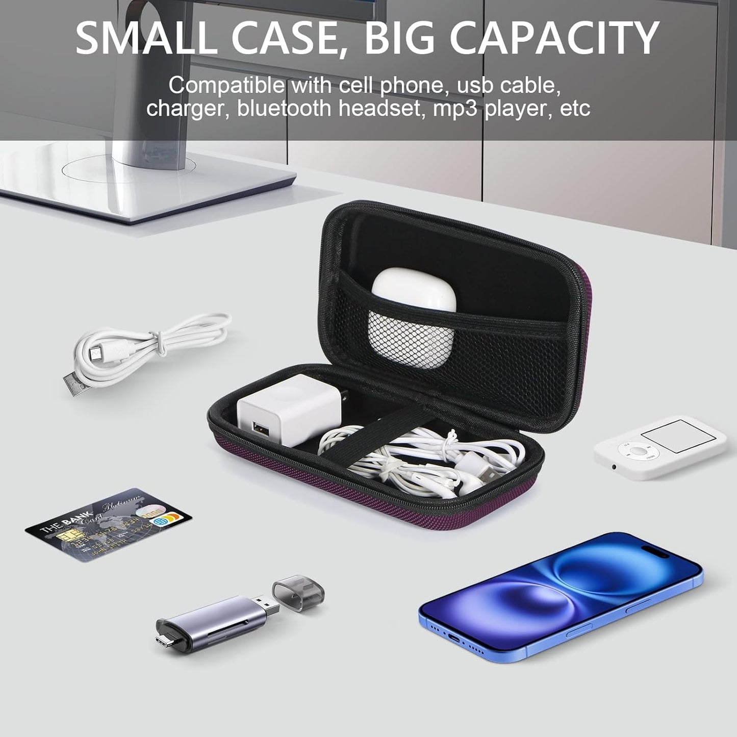 Portable Protection Hard EVA Case for External Battery, Cell Phone, GPS, Hard Drive, USB/Charging Cable, Small Carrying Bag Mesh Inner Pocket, Zipper Enclosure, Universal Travel Pouch Bag
