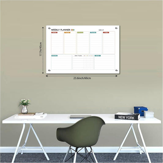 Glass Colorful Weekly Dry Erase Calendar Whiteboard for Wall,24"x 36",Frameless Mounting,Office/School/Home, Frameless Large Planner White Board