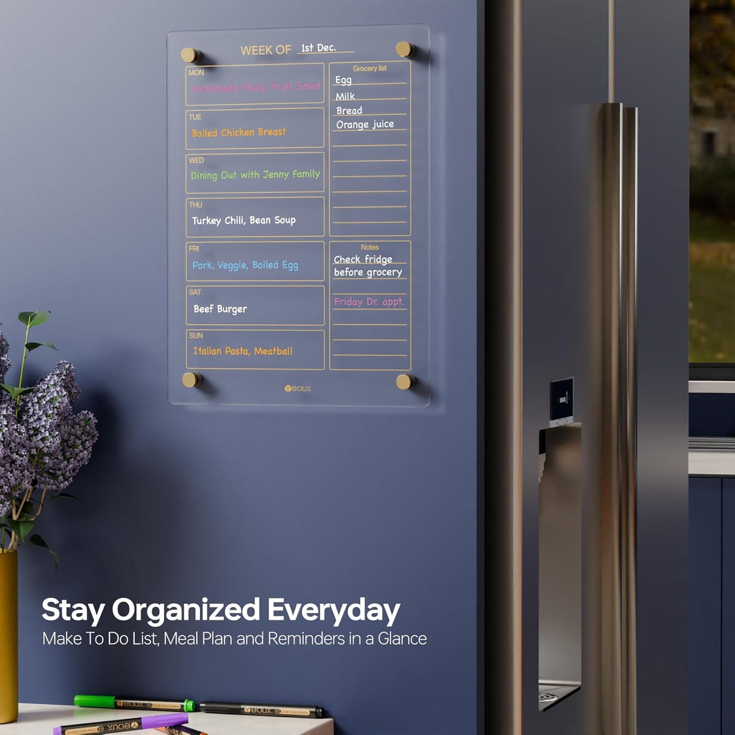Glass Golden Weekly Dry Erase Calendar & Menu Whiteboard for Wall, Meal Planning & Grocery Shopping List White Board for Kitchen, 15x11, 7 Days Planner for Home, 4 Wet Erase Markers Included, Yeoux*