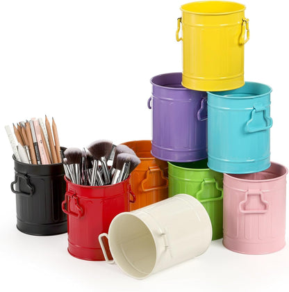 Noamus 9 Pack Metal Pen Holder, Mini Pencil Bucket with Handle, Desktop Pencil Cup Makeup Brush Organizer, Desk Colorful Small Pails, Stationary Supplies Container for Office Classroom School Crafts