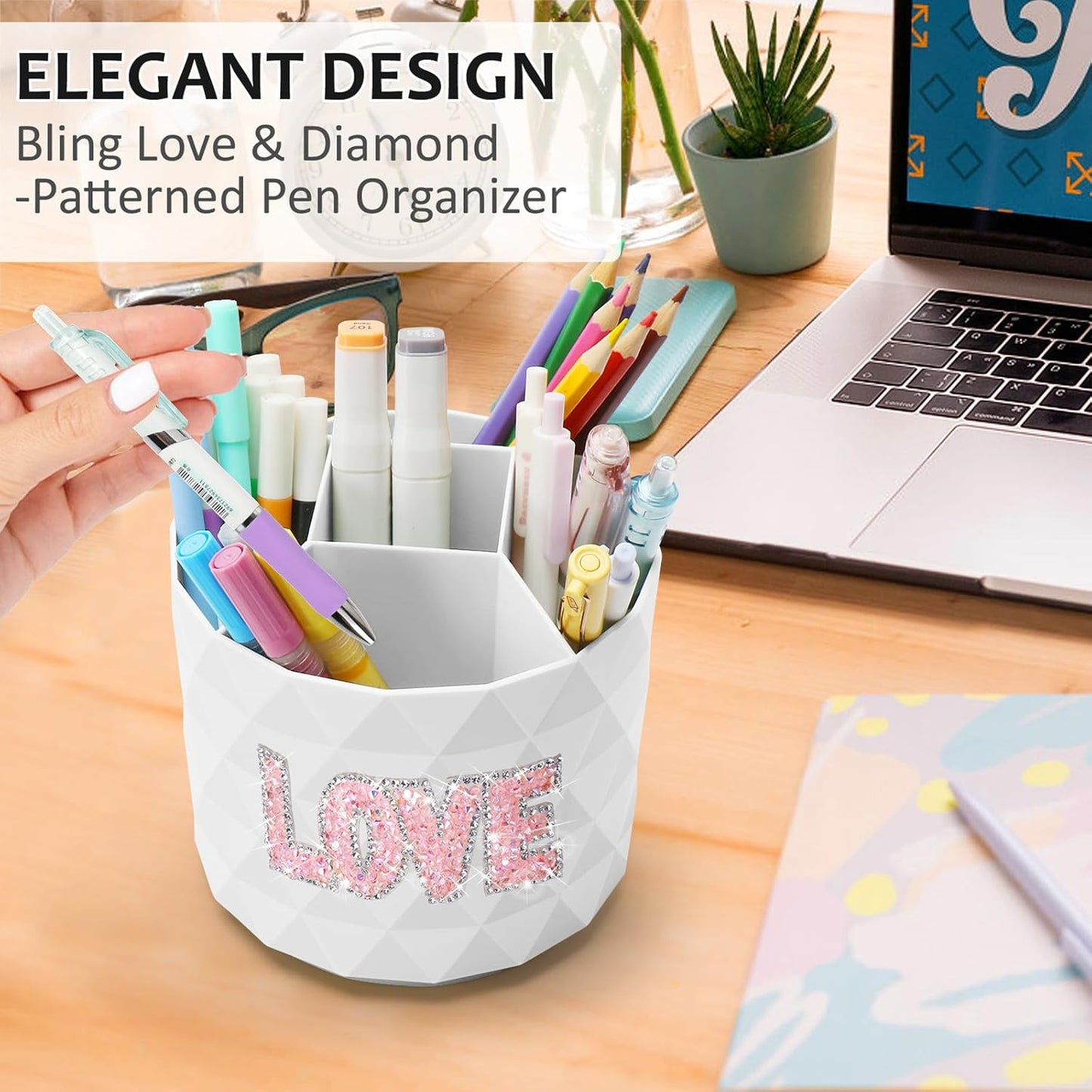 Desk Organizer, 360-Degree Rotating Pencil Pen Holders For Desk, Diamond Pattern Pen Organizer With 5 Compartments, Cute Desk Accessories Decor For Office, School,Home,Art Supply (White)
