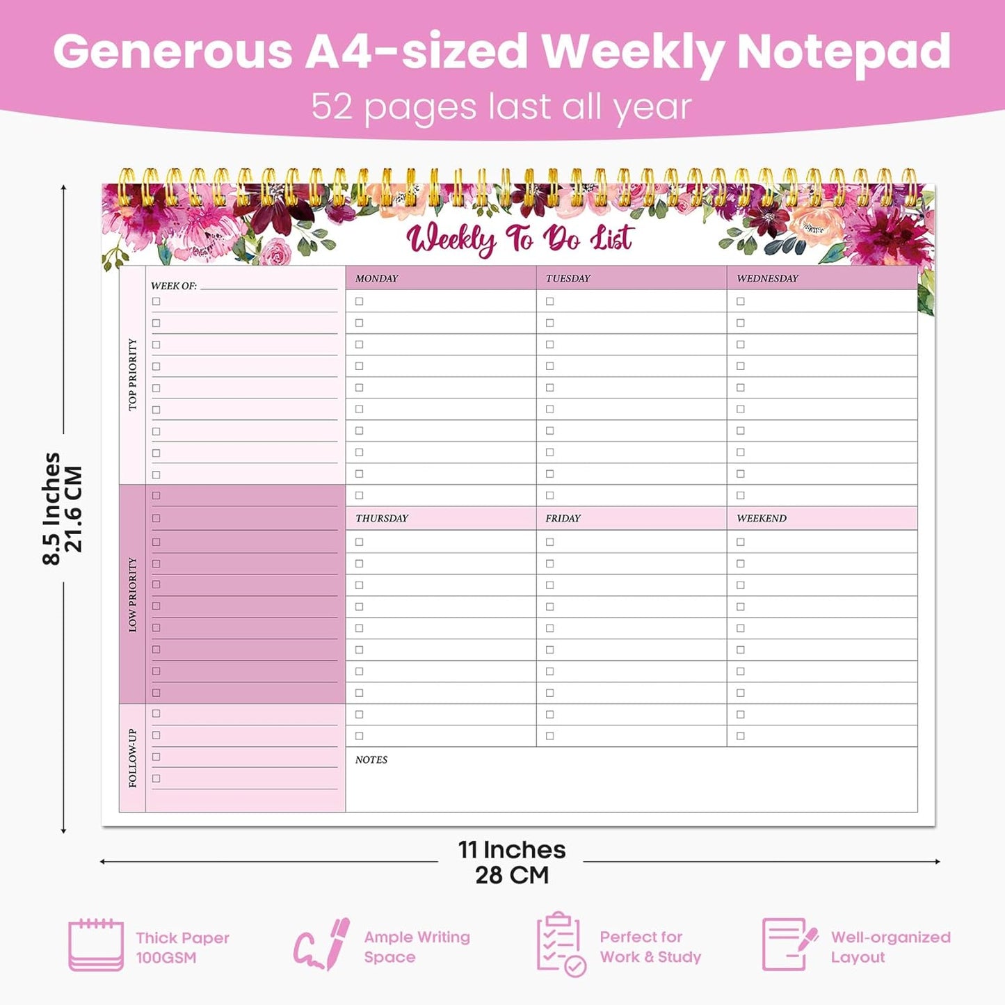 Weekly To Do List Notepad with 52 Undated Sheets（8.5"×11"）- Undated Weekly Planner Notepad for Office Desk Accessories and Supplies - Midnight Lilac