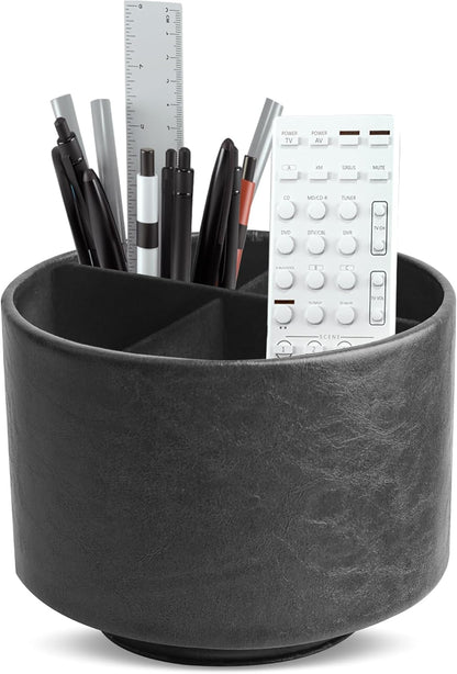 Round Leather Art Supply Organizer,Remote Control Holder,360 Degree Rotating,Multi-Functional Pencil Holder,4 Compartments Desktop Stationary Organizer(1-Fractal Flower) | Round - Colors A
