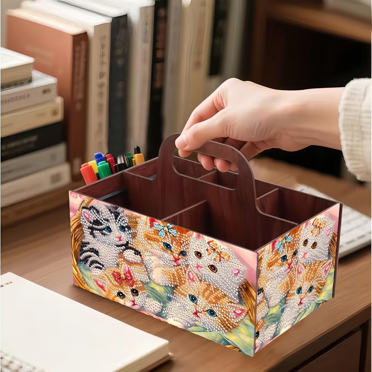 LSQFS DIY Diamond Painting Storage Box, Wooden Multi-Grid Organizer with Handle, Portable Desktop Caddy for Art Kits, Craft Tools, Makeup Brushes, Stationery Home Office
