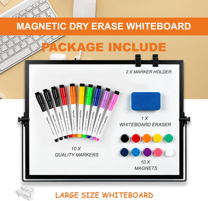 Dry Erase White Board, Aisuoker 16 x 12inch Magnetic Desktop Whiteboard with Stand,10 Markers, 10 Magnets and 1 Eraser, Portable Double-Sided White Board for Kid Drawing Memo to Do and List Wall-White