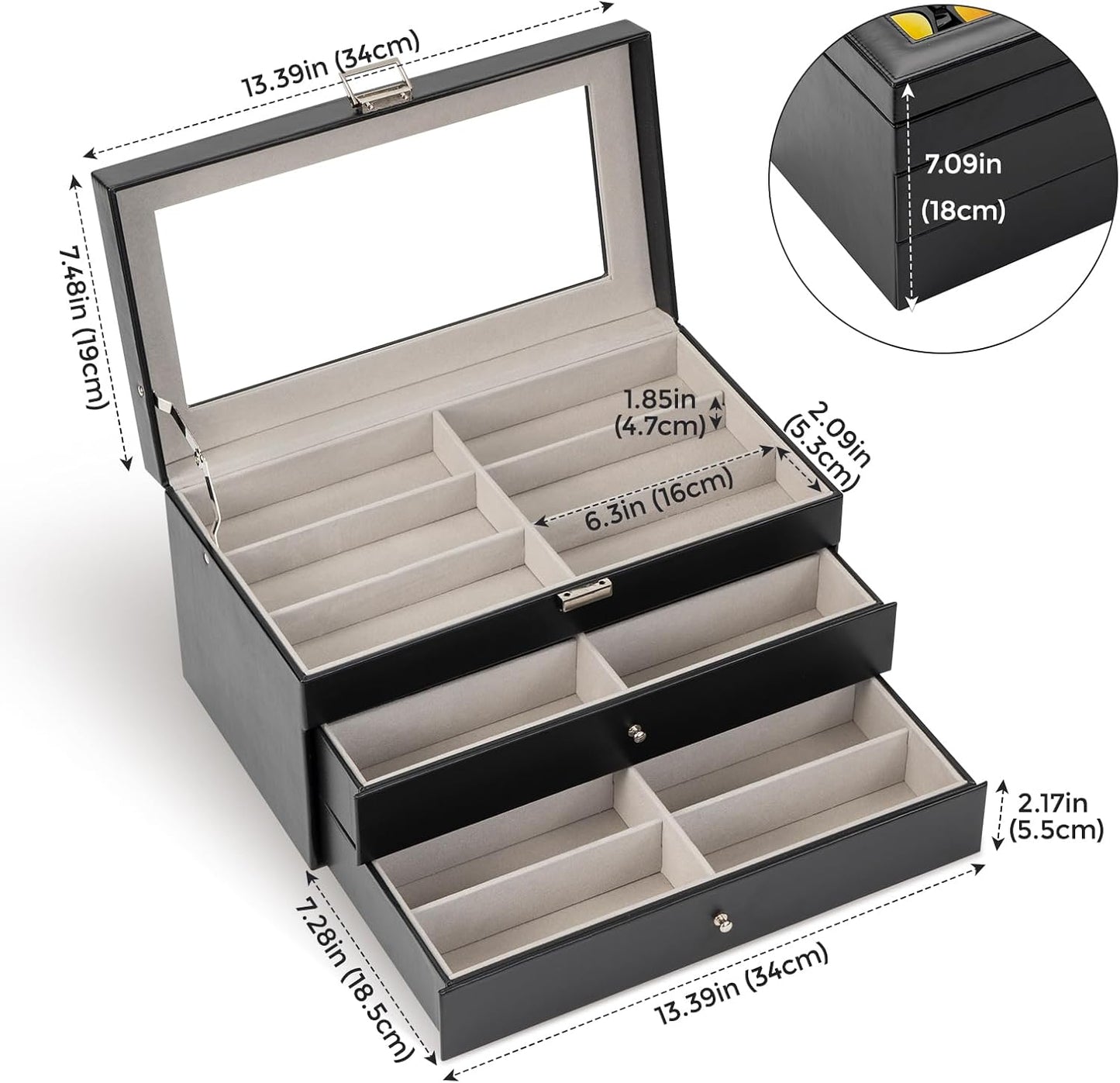 ProCase 3-layer Sunglasses Storage Organizer, 18 Slots Leather Sunglass Box Multiple Pairs Eyeglass Cases Eye Glass Eyewear Display Holder for Men Women, Valentine's Day Gift -Black