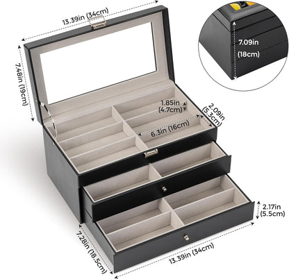ProCase 3-layer Sunglasses Storage Organizer, 18 Slots Leather Sunglass Box Multiple Pairs Eyeglass Cases Eye Glass Eyewear Display Holder for Men Women, Valentine's Day Gift -Black
