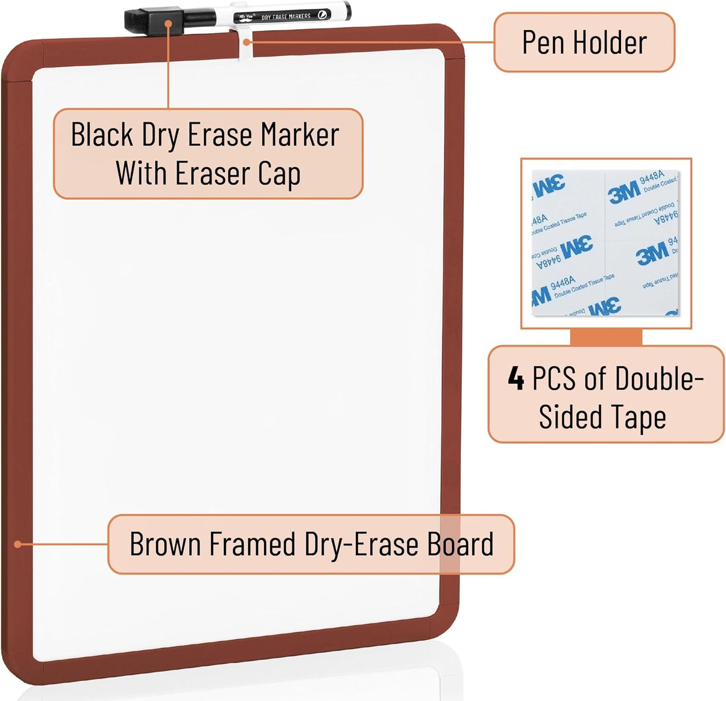 Mr. Pen- Dry Erase Board, 14” x 11” with a Black Dry Erase Marker, White Frame, Small Mini White Board for Students, Fridge, Wall, Locker, Includes Double Sided Tapes
