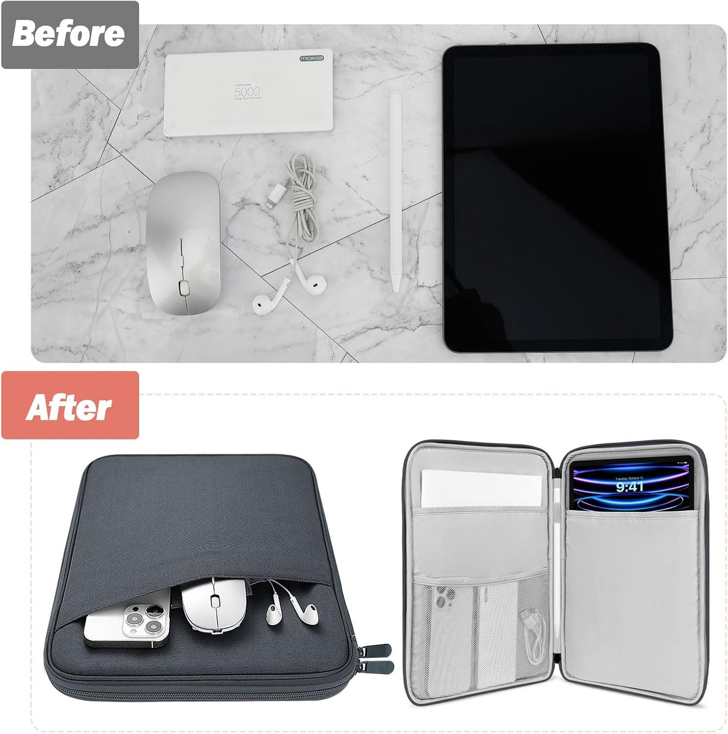 MoKo 9-11 Inch Tablet Sleeve Case, Fits New 11inch iPad Air M4/Pro M5, iPad A16 11", i-Pad 10/9/8/7th/Air 5/4th 10.9"/10.2", Tab S9/S8 11", Protective Bag Carrying Case with Pocket, Dark Gray