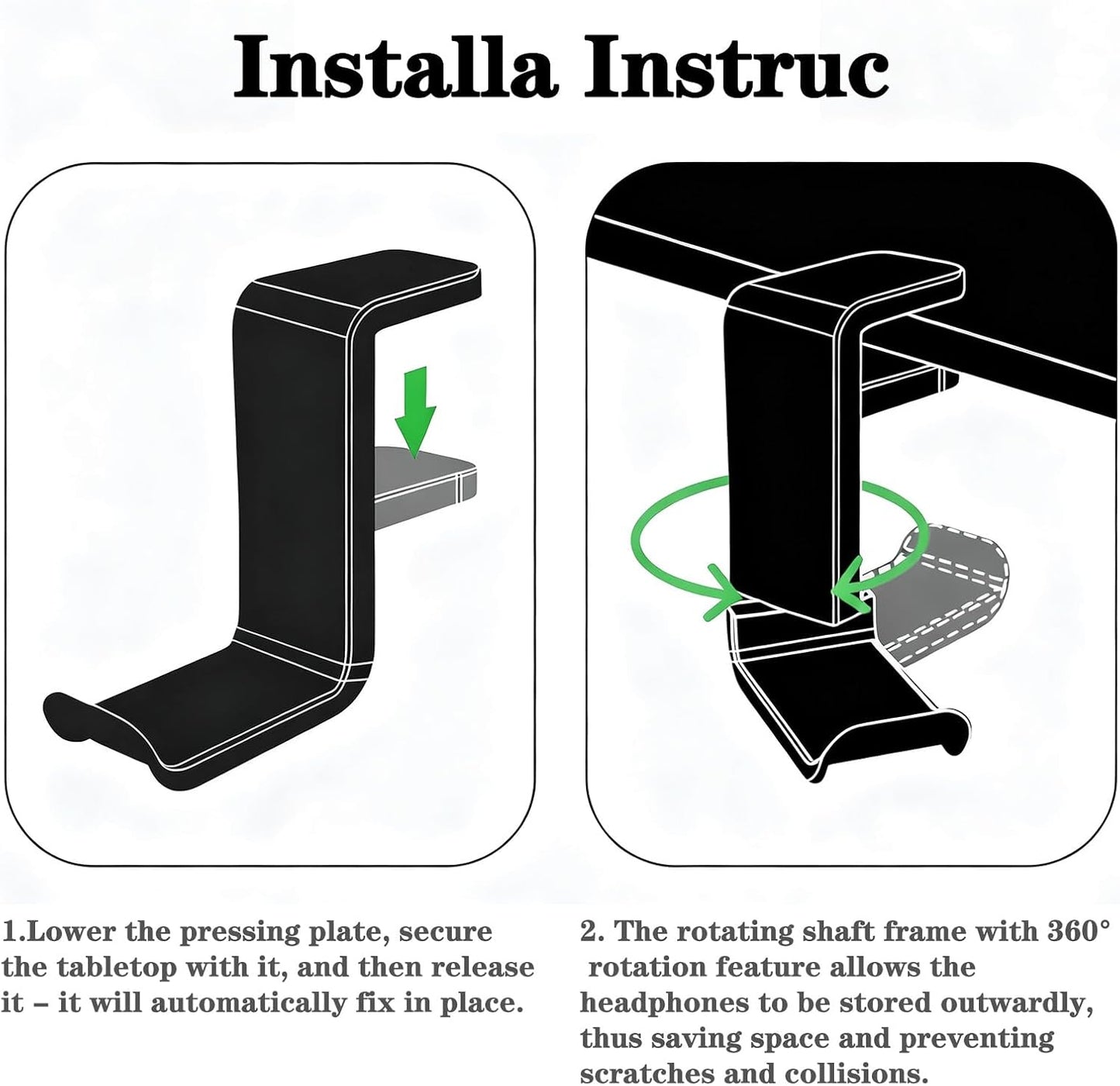 Universal Headphone Stand, Desk Mount Holder with 360 Degree Swivel, Gaming Headset Organizer, Clamp-on Under Desk Hanger with Cable Clip for Office, Home
