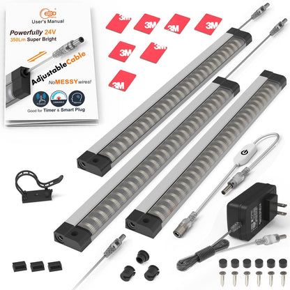EBD LED Light Bar Built-in Adjustable Cable 12 Pcs Corner Input Under-Counter Light fixtures Work Bench linkable Touch Lights 3000K 5400 Lm Super Bright for Pantry Garage Shelves Closet Shelf