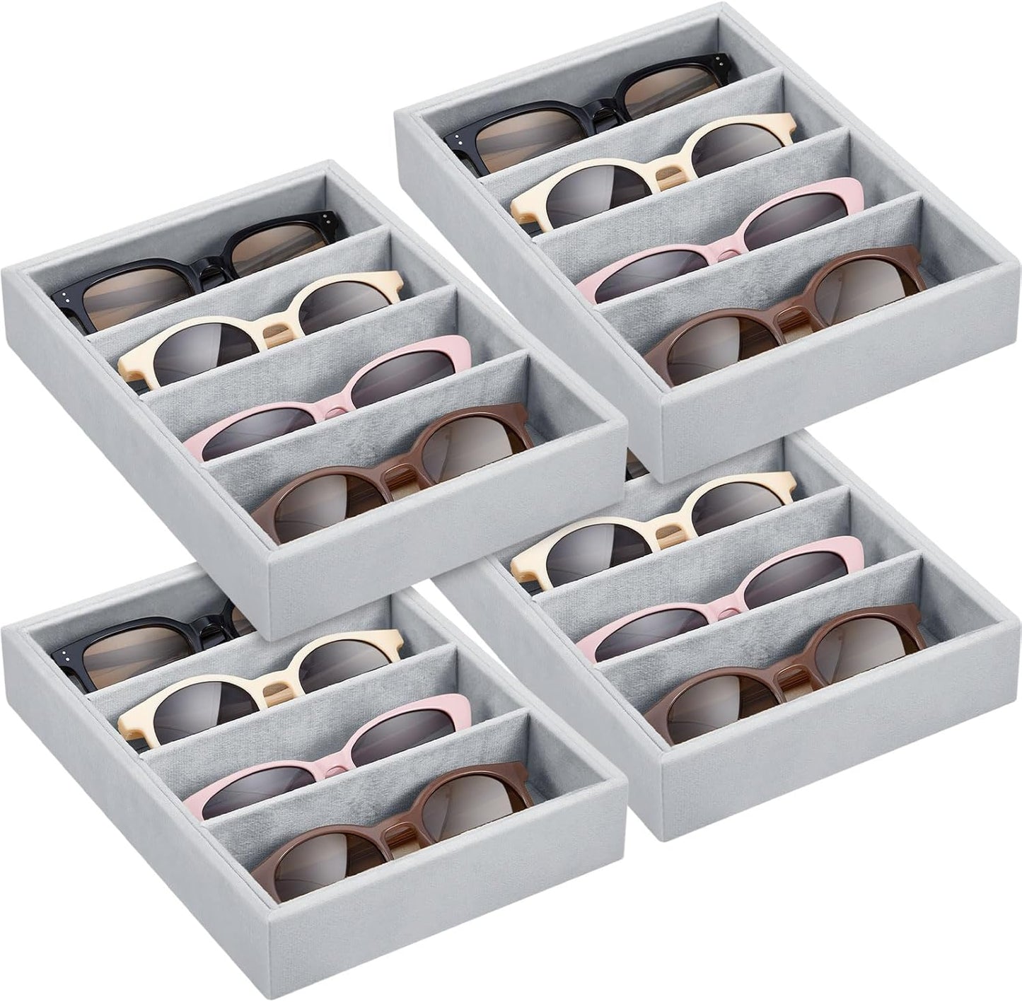 Amylove 4 Pcs Gray Sunglass Organizer Trays 4 Grids Velvet Glasses Holder Jewelry Display Organizer Eyeglasses Storage Box Drawer