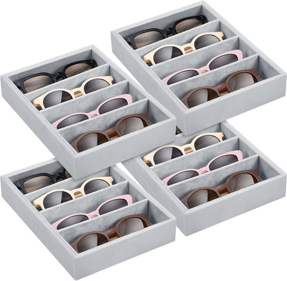 Amylove 4 Pcs Gray Sunglass Organizer Trays 4 Grids Velvet Glasses Holder Jewelry Display Organizer Eyeglasses Storage Box Drawer