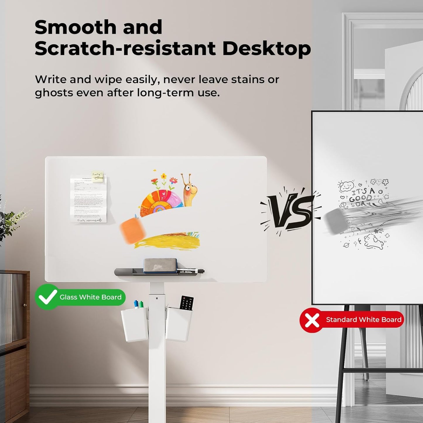 35" Small Glass Mobile Standing Desk, Portable Laptop Cart with Storage & 90° Tilt, Height Adjustable, Rolling Whiteboard on Wheels for Office Home School, White