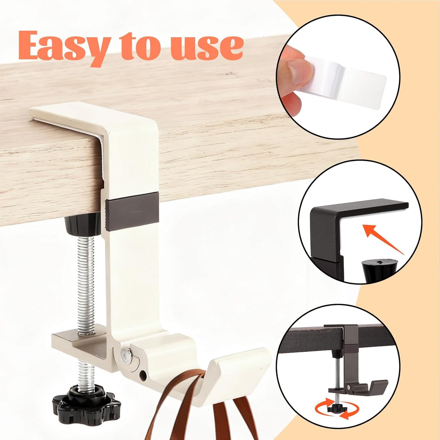 Desk Bag Hook - Bag Hanger for Table with Adjustable Arm Clamp - Aluminum Under Desk Handbag Hanger - Clamp Hook for Purse, Bag, Headphone,Fold/Black,2 pcs (White)