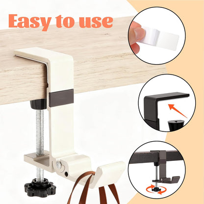 Desk Bag Hook - Bag Hanger for Table with Adjustable Arm Clamp - Aluminum Under Desk Handbag Hanger - Clamp Hook for Purse, Bag, Headphone,Fold/Black,2 pcs (White)