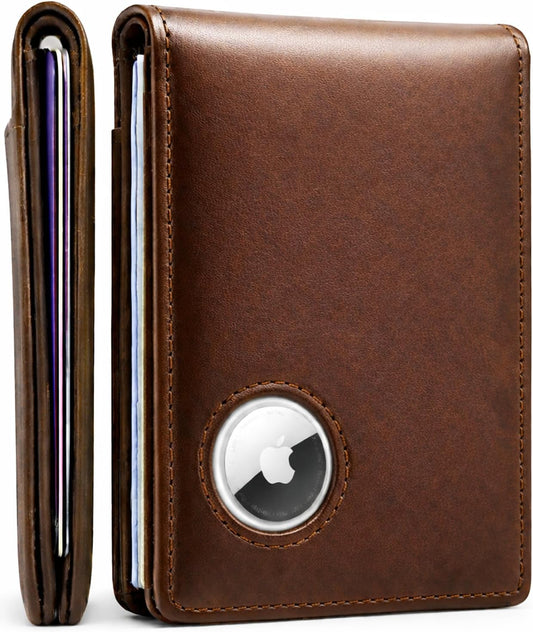 EVEO AirTag Wallet Men - Bifold Genuine Leather Wallets for Men, Air Tag Wallet With AirTag Holder, Smart Wallet for Mens Minimalist Wallet | Money Slot,10 Cards, AirTag Not Included* - Vintage Brown