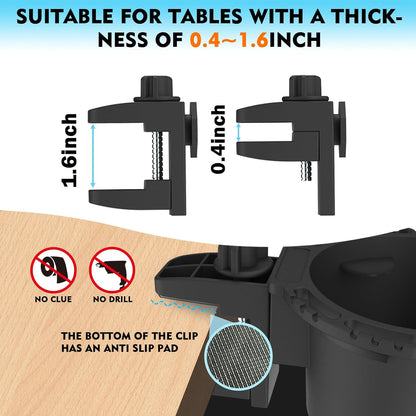 Desk Cup Holder with Headphone Hanger, Clip on Cup Holders for Desks with Spill-Proof Cup Design, Easy to Install, Enough to Hold 8-28OZ Coffee Cups, Water Bottles. (Black, Medium)