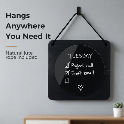 Magnetic Glass Desktop Whiteboard with Solid Wood Stand, Adjustable Foldable Mini Dry Erase Board, 2-in-1 Tabletop & Hanging Glassboard with Rustic Rope, Reusable Home Office School, Black and Square