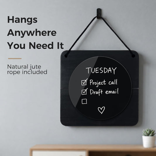 Magnetic Glass Desktop Whiteboard with Solid Wood Stand, Adjustable Foldable Mini Dry Erase Board, 2-in-1 Tabletop & Hanging Glassboard with Rustic Rope, Reusable Home Office School, Black and Square