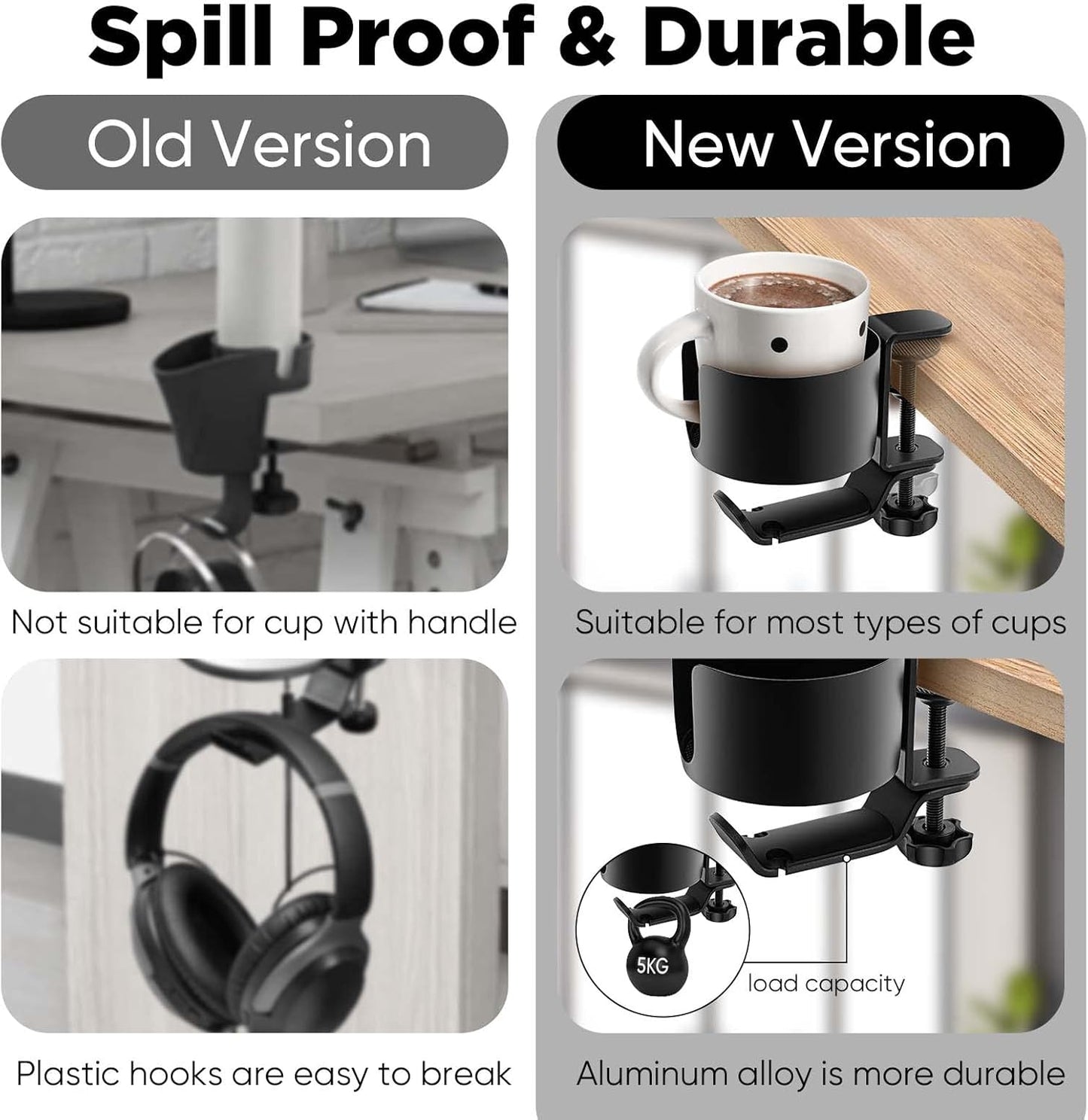 OOKUU 2 in 1 Desk Cup Holder with Headphone Hanger, Anti-Spill Cup Holder for Desk or Table, Easy to Install, Sturdy and Durable, Enough to Hold Coffee Mups, Water Bottles, Headphones