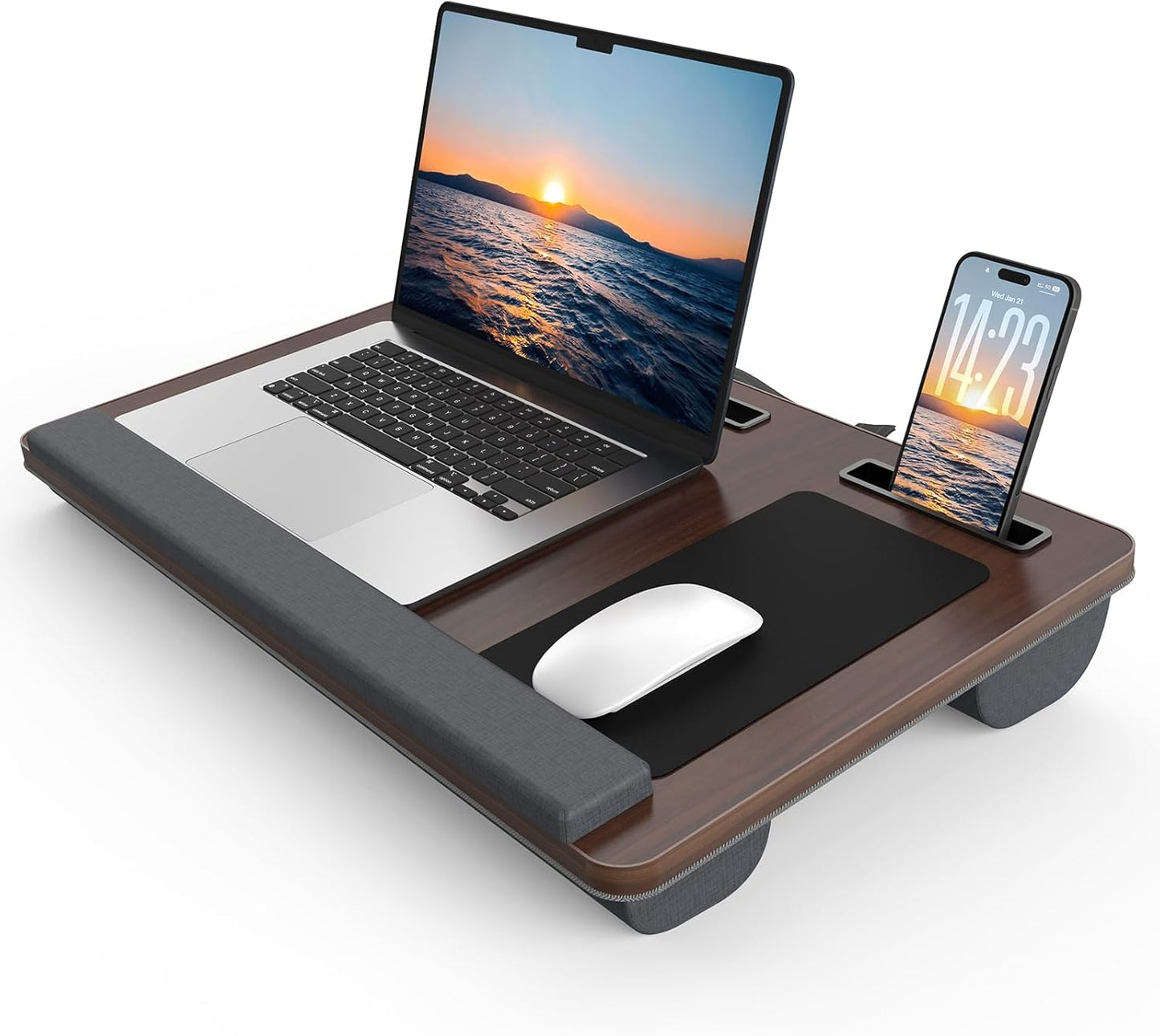 HETTHI Lap Desk with Cushion, Large Laptop Besk Bed, Up to 17" Laptop Tray for Bed with Wrist Rest, 2 Self-Adhesive Mouse Pads, Portable Handle, Tablet Phone Slot (Black)