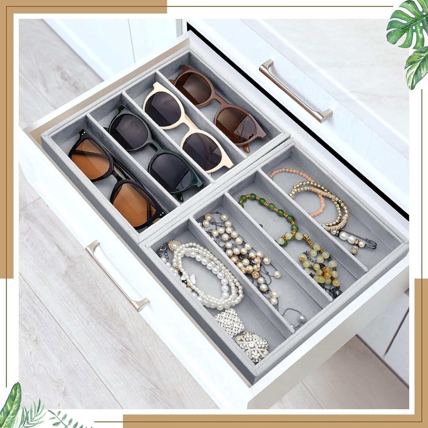 Amylove 4 Pcs Gray Sunglass Organizer Trays 4 Grids Velvet Glasses Holder Jewelry Display Organizer Eyeglasses Storage Box Drawer