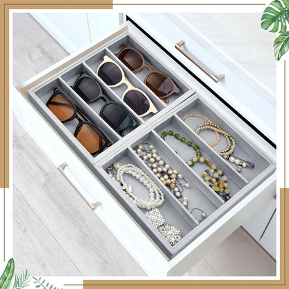 Amylove 4 Pcs Gray Sunglass Organizer Trays 4 Grids Velvet Glasses Holder Jewelry Display Organizer Eyeglasses Storage Box Drawer